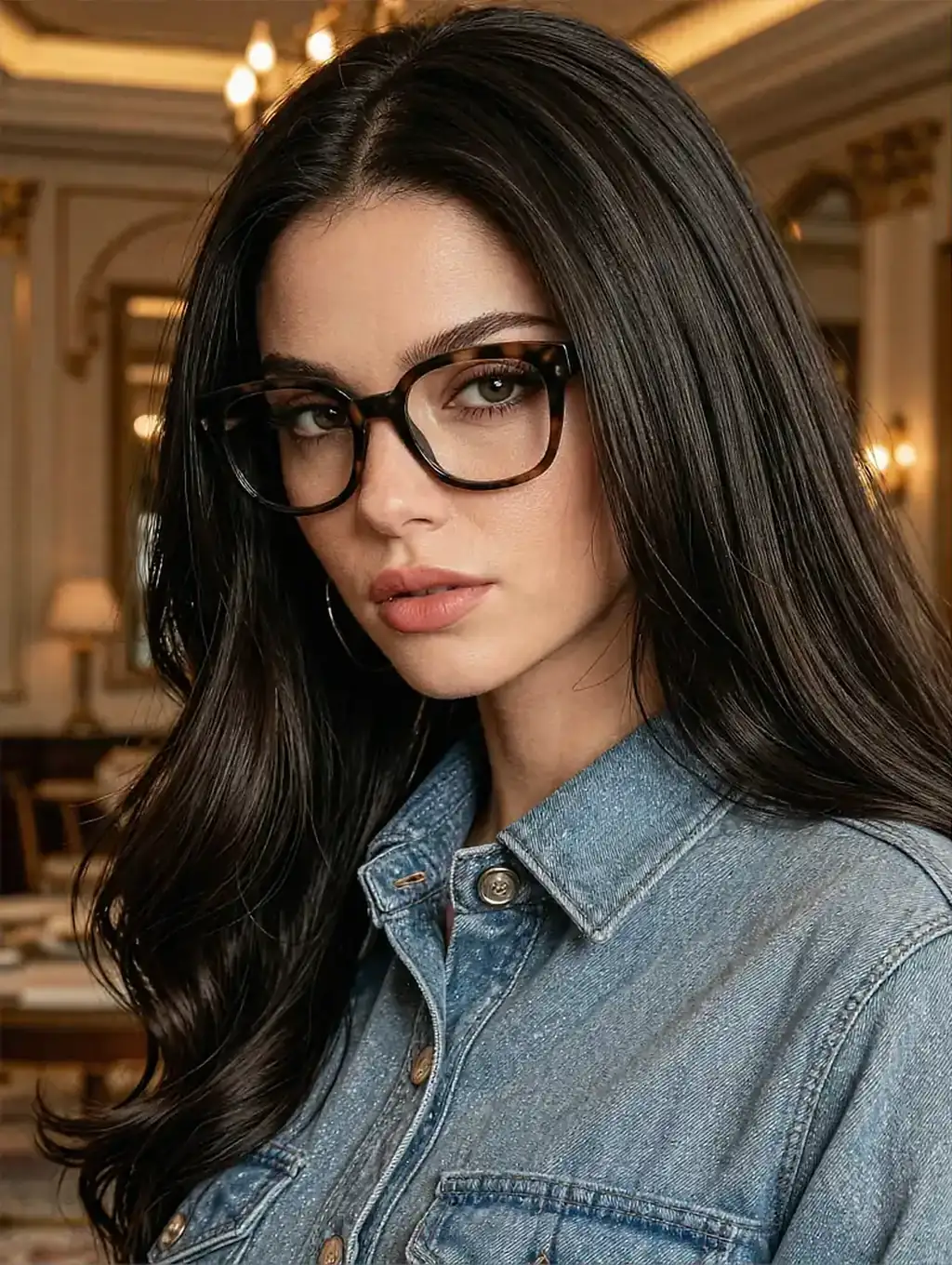 Fictional AI character in black-framed glasses and a denim jacket in a gilded room with chandeliers