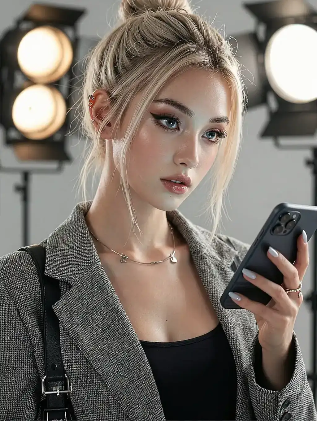 Fictional AI character with platinum hair in a grey blazer, holding a phone under studio lamps