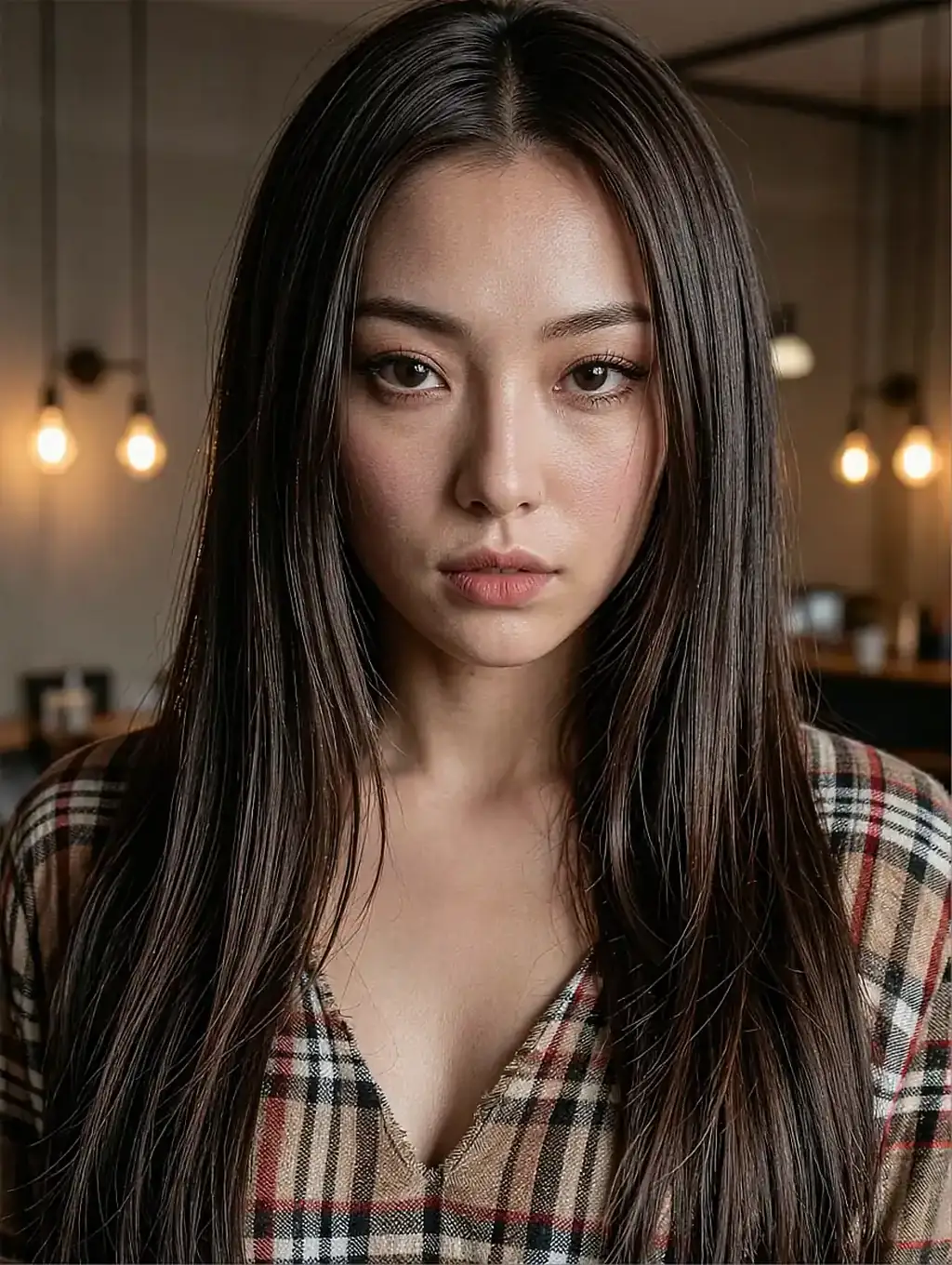 Fictional AI character in a plaid shirt in a café, filament bulbs hanging behind her