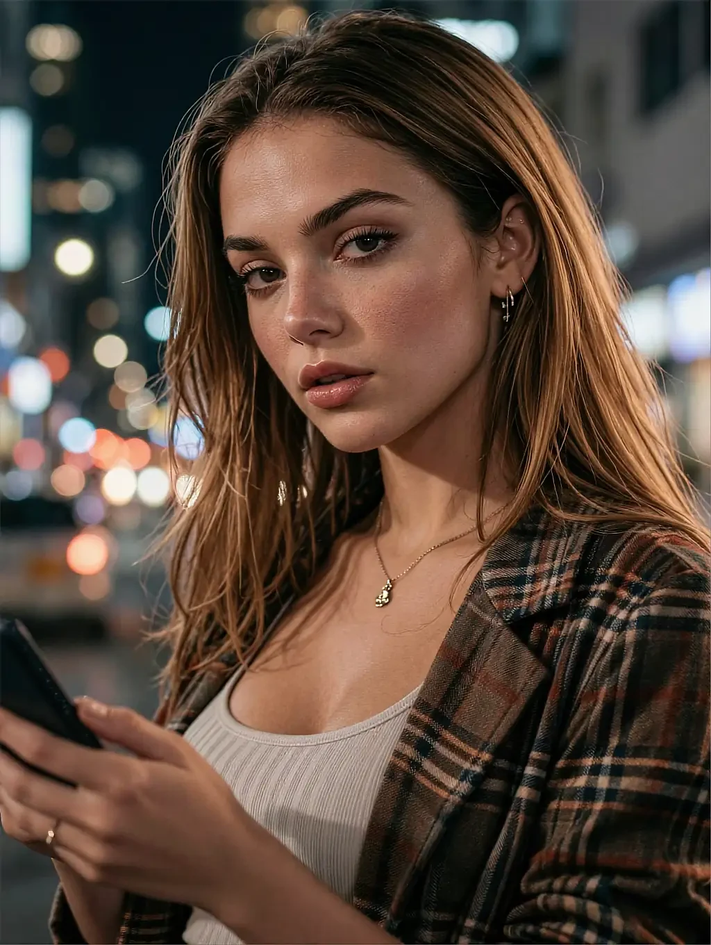 Fictional AI character in a plaid coat holding a phone on a street of blurred night traffic