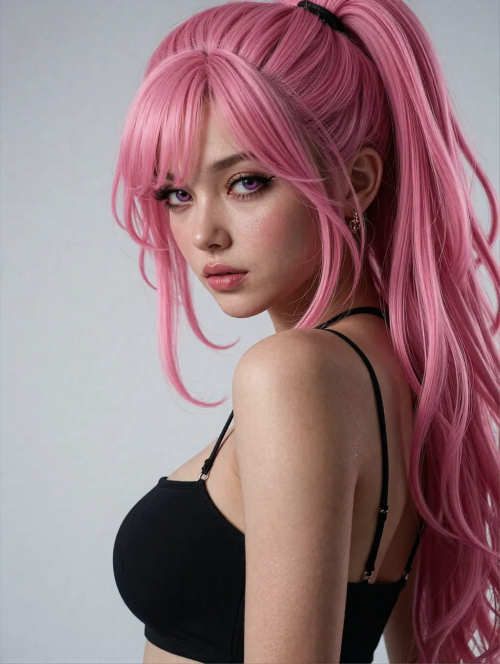 Fictional AI character with a pink ponytail and fringe in a black bra top against a plain wall
