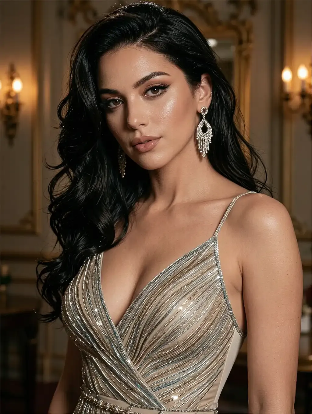 Dark-haired woman in a beaded champagne slip dress in an ornate room lit by wall sconces